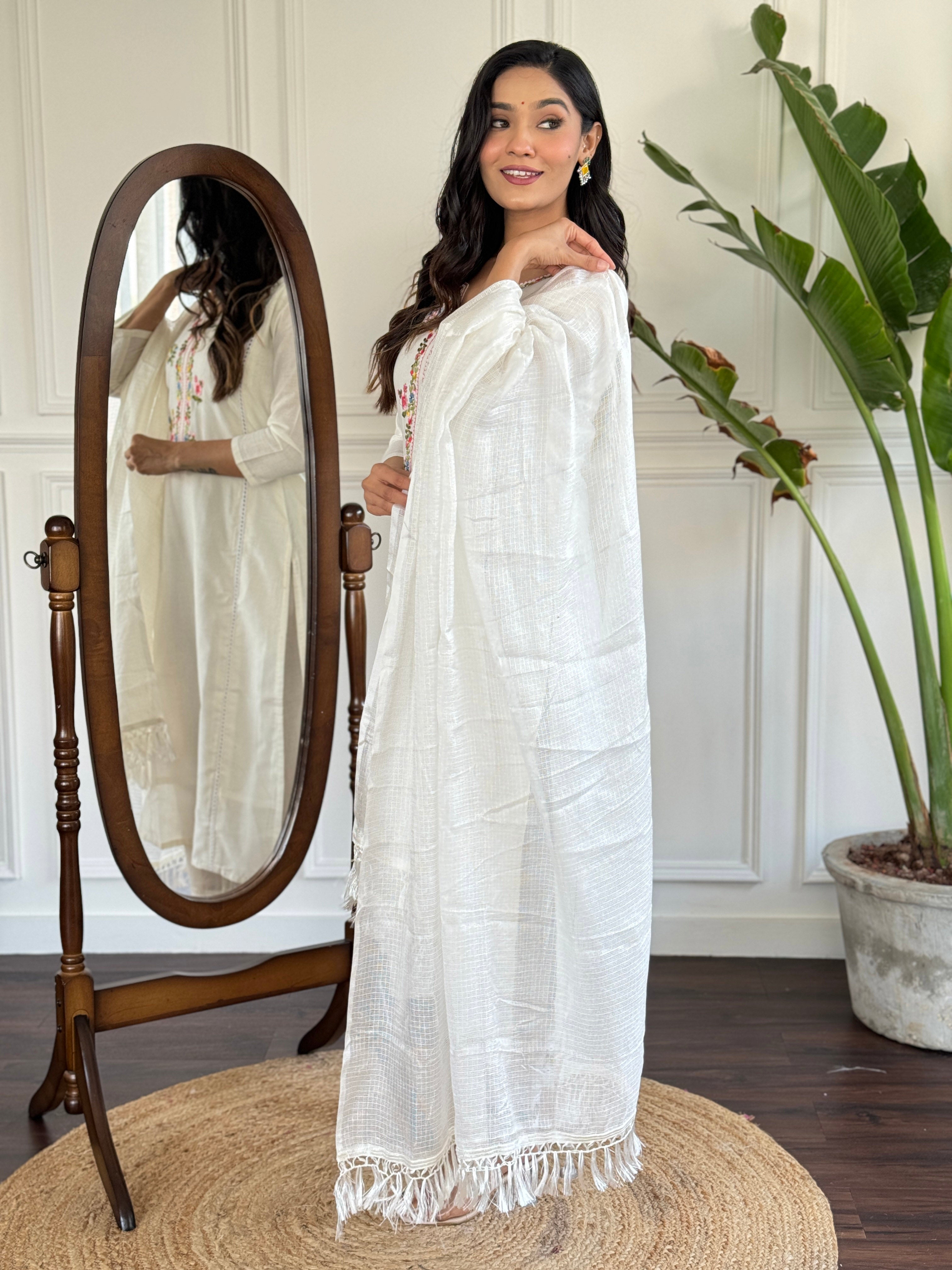 Women’s White Viscose Embroidered Straight Kurta Set with Viscose Pant & Cotton Lace Dupatta
