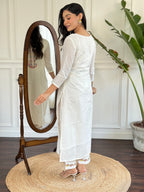 Women’s White Viscose Embroidered Straight Kurta Set with Viscose Pant & Cotton Lace Dupatta