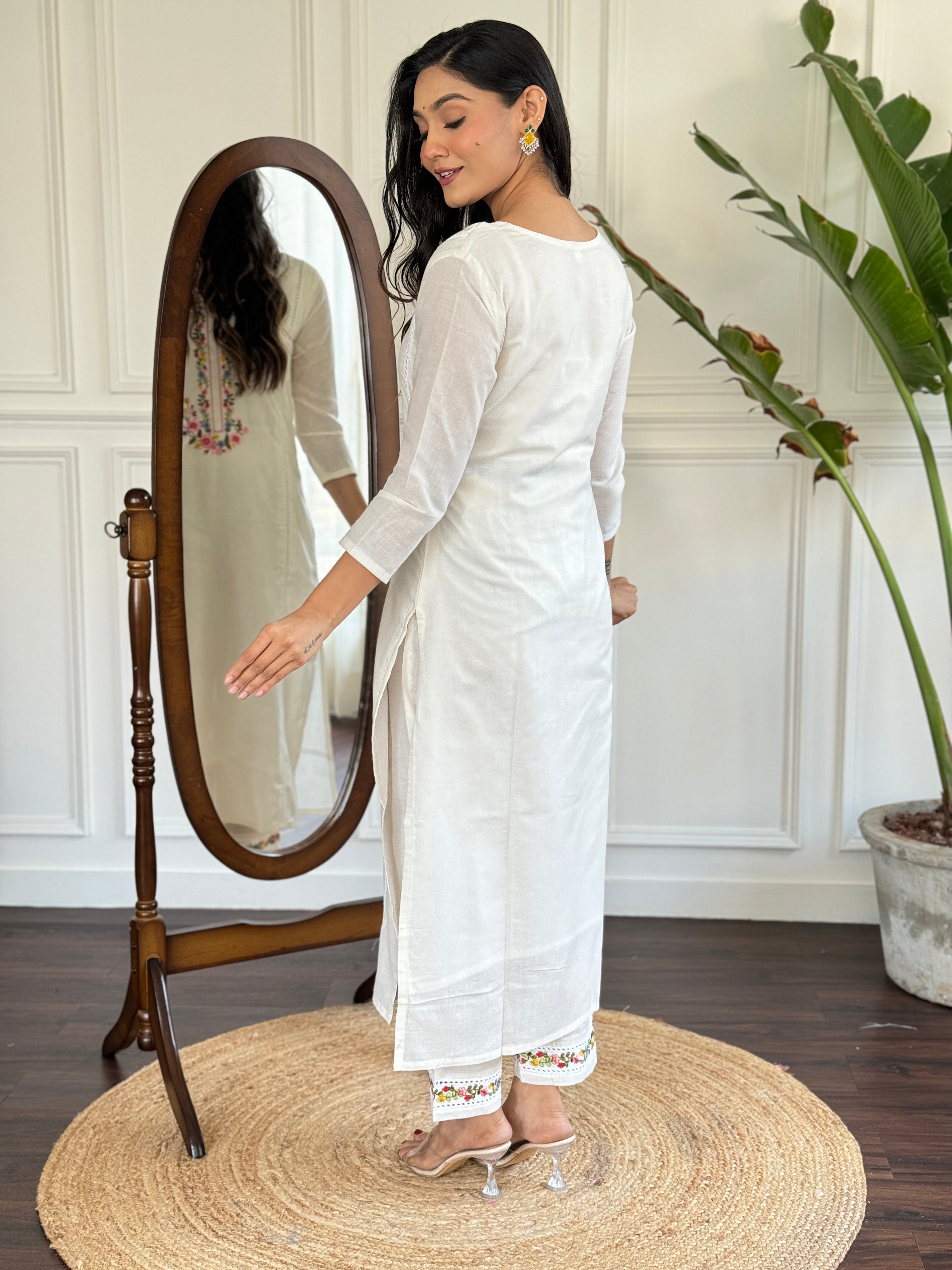 Women’s White Viscose Embroidered Straight Kurta Set with Viscose Pant & Cotton Lace Dupatta