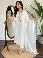 Women’s White Viscose Embroidered Straight Kurta Set with Viscose Pant & Cotton Lace Dupatta
