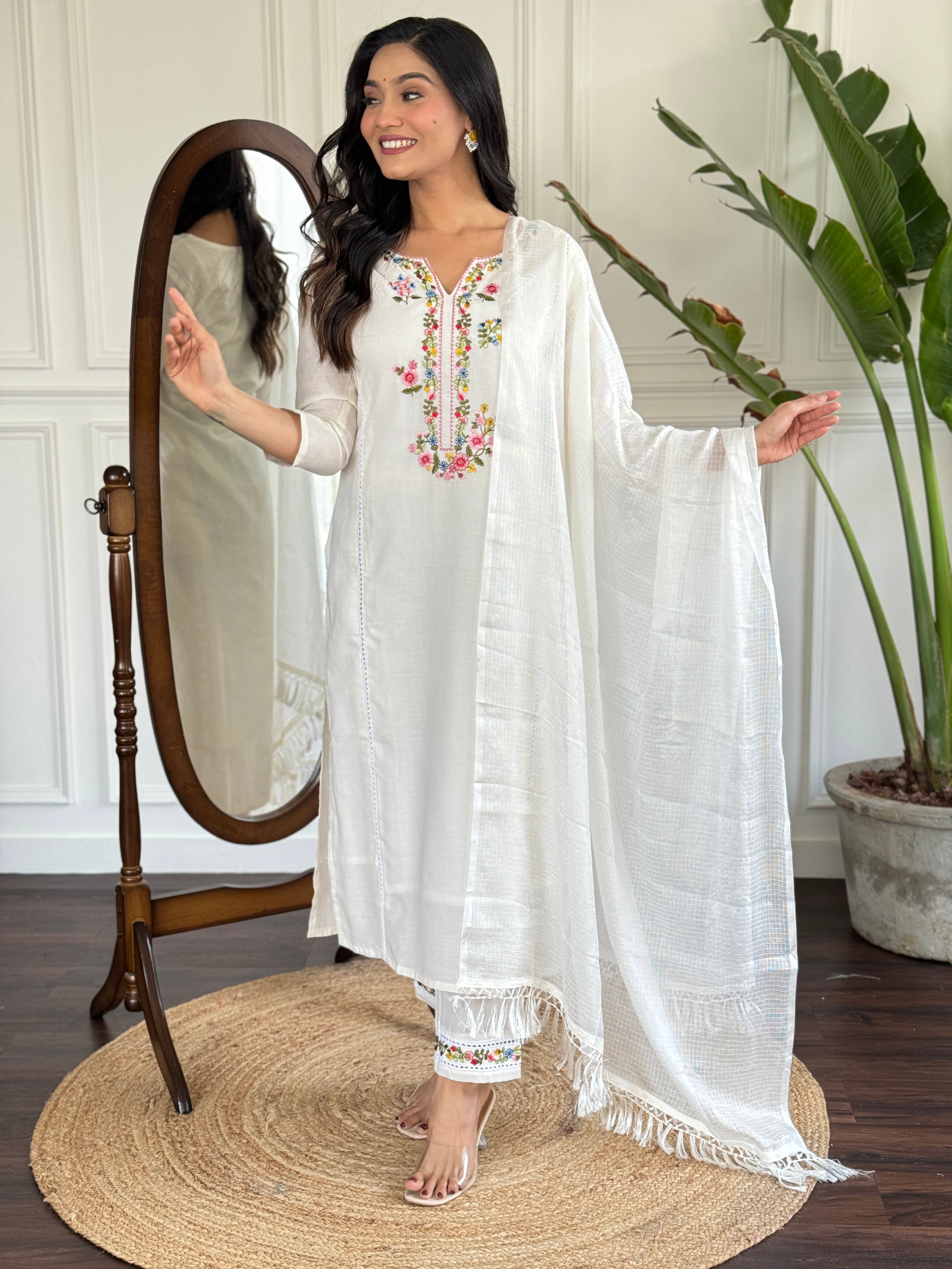 Women’s White Viscose Embroidered Straight Kurta Set with Viscose Pant & Cotton Lace Dupatta