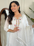 Women’s White Viscose Embroidered Straight Kurta Set with Viscose Pant & Cotton Lace Dupatta