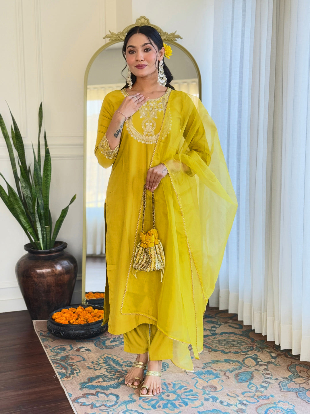 Women’s Yellow Rayon Slub Embroidered Straight Kurta Set with Pant & Organza Lace Dupatta
