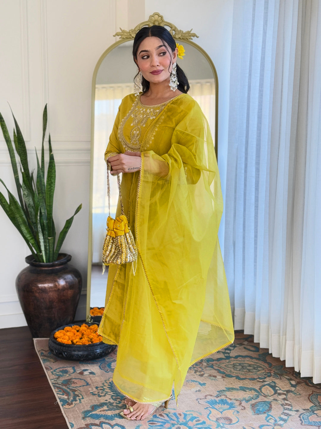 Women’s Yellow Rayon Slub Embroidered Straight Kurta Set with Pant & Organza Lace Dupatta