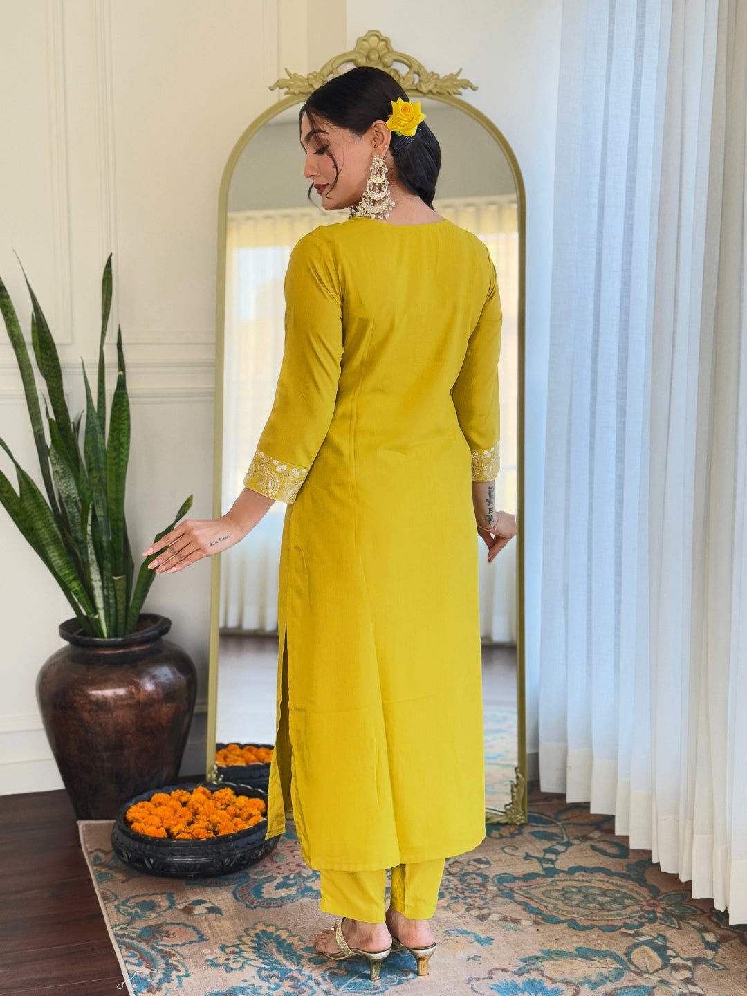 Women’s Yellow Rayon Slub Embroidered Straight Kurta Set with Pant & Organza Lace Dupatta