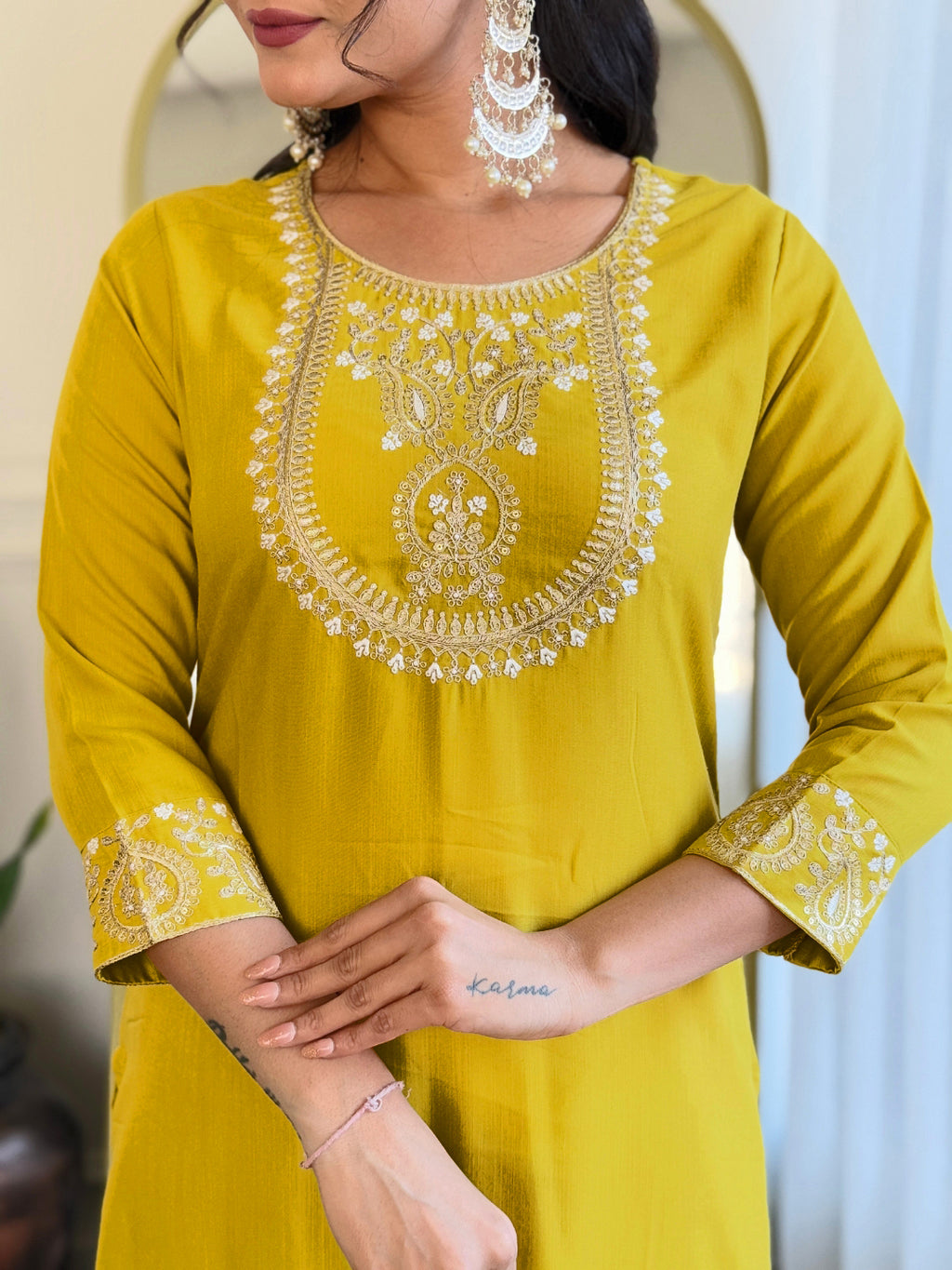 Women’s Yellow Rayon Slub Embroidered Straight Kurta Set with Pant & Organza Lace Dupatta