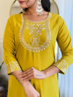 Women’s Yellow Rayon Slub Embroidered Straight Kurta Set with Pant & Organza Lace Dupatta