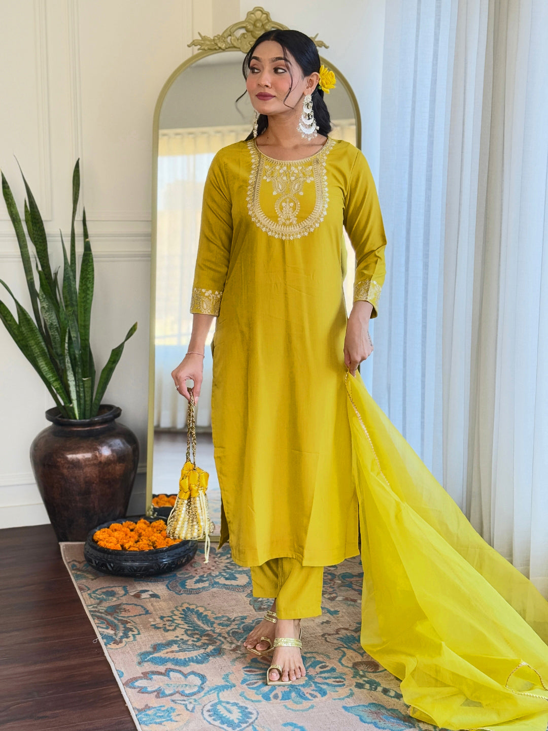 Women’s Yellow Rayon Slub Embroidered Straight Kurta Set with Pant & Organza Lace Dupatta