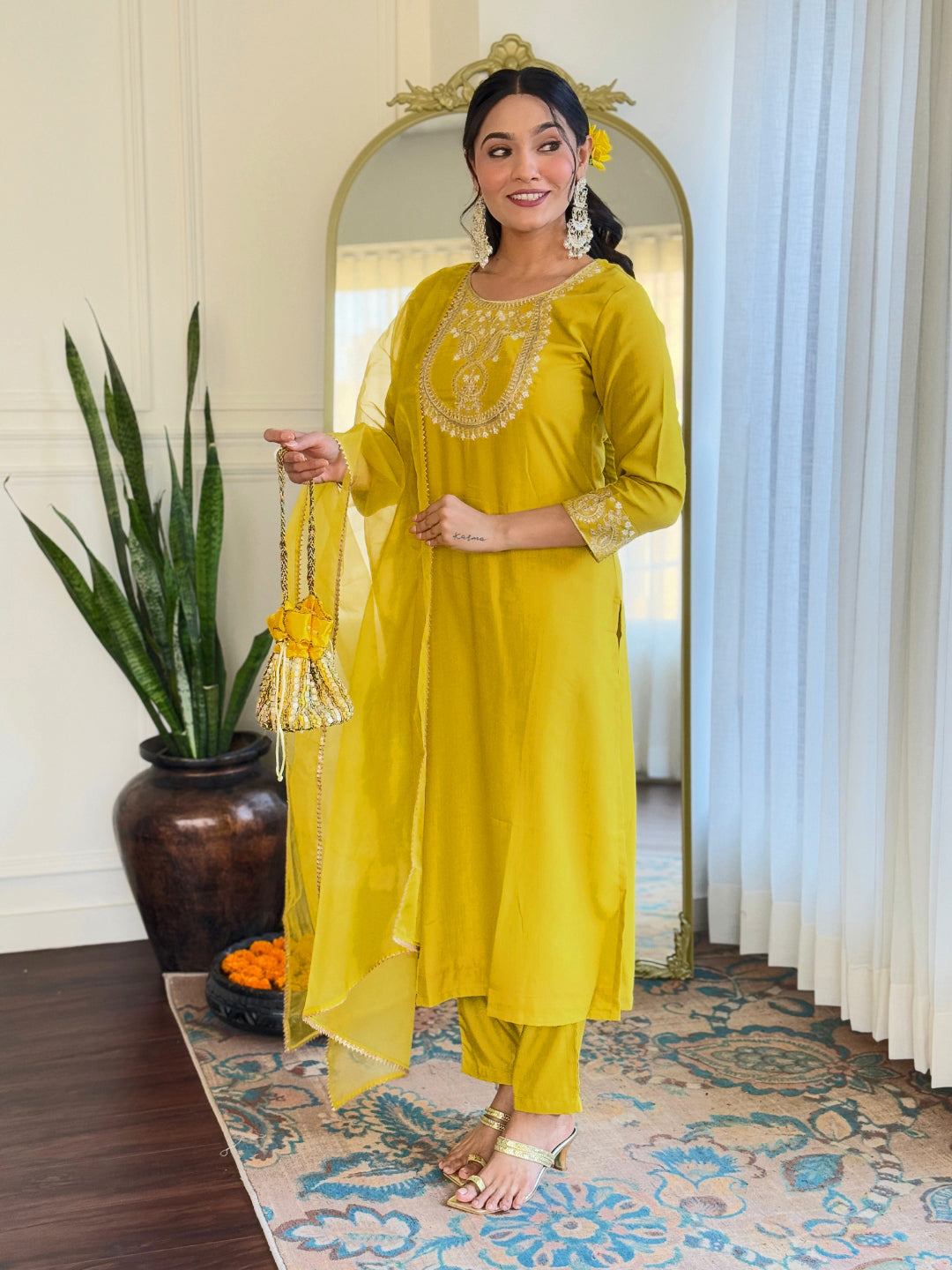 Women’s Yellow Rayon Slub Embroidered Straight Kurta Set with Pant & Organza Lace Dupatta