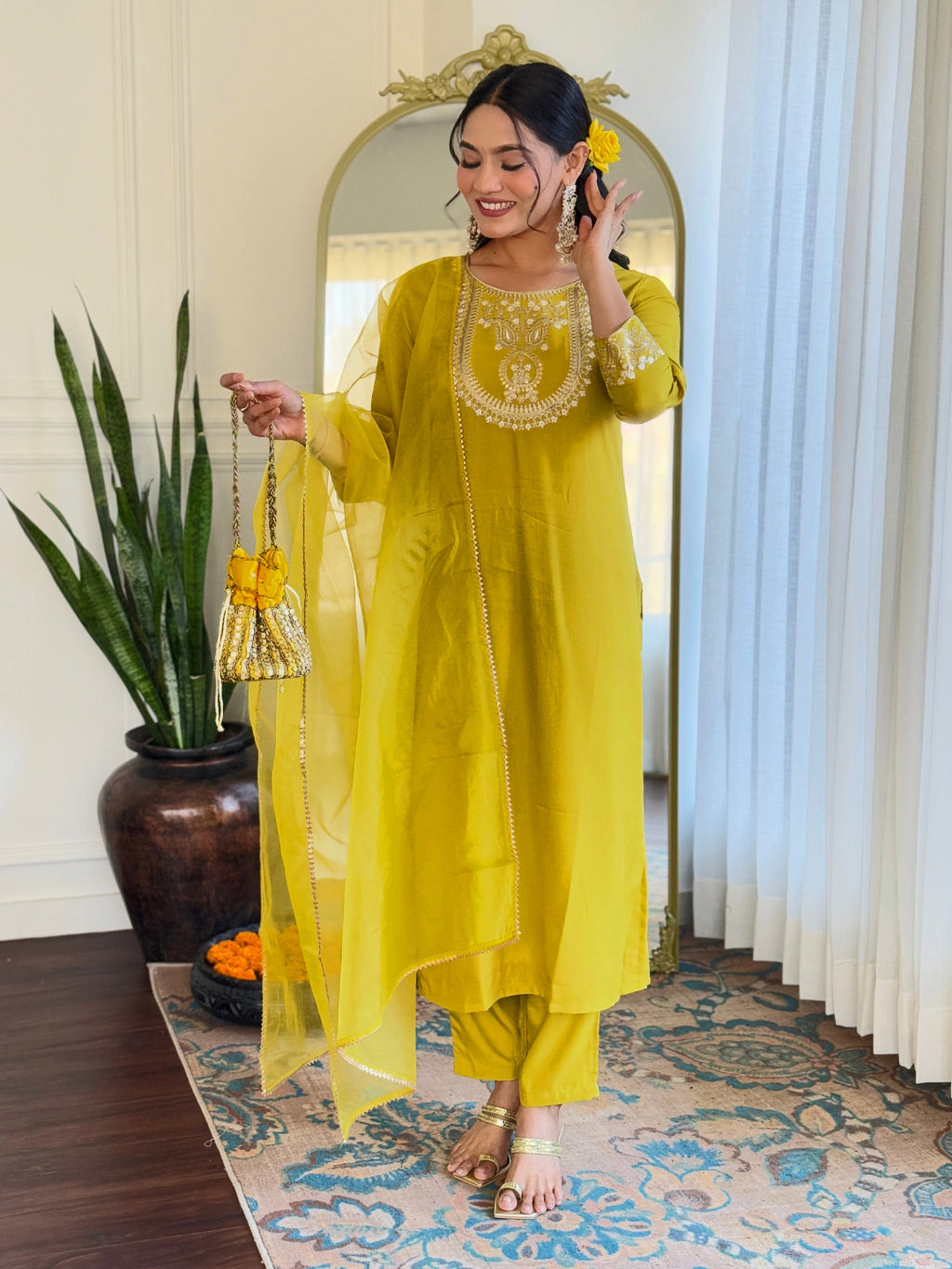 Women’s Yellow Rayon Slub Embroidered Straight Kurta Set with Pant & Organza Lace Dupatta