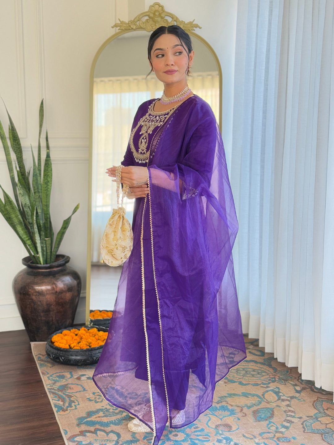 Women’s Purple Rayon Slub Embroidered Straight Kurta Set with Pant & Organza Lace Dupatta