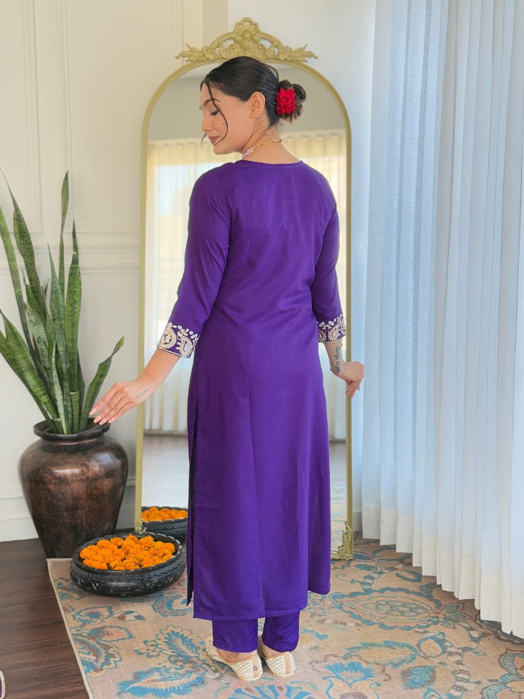 Women’s Purple Rayon Slub Embroidered Straight Kurta Set with Pant & Organza Lace Dupatta