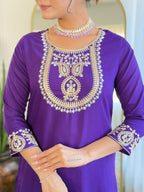 Women’s Purple Rayon Slub Embroidered Straight Kurta Set with Pant & Organza Lace Dupatta