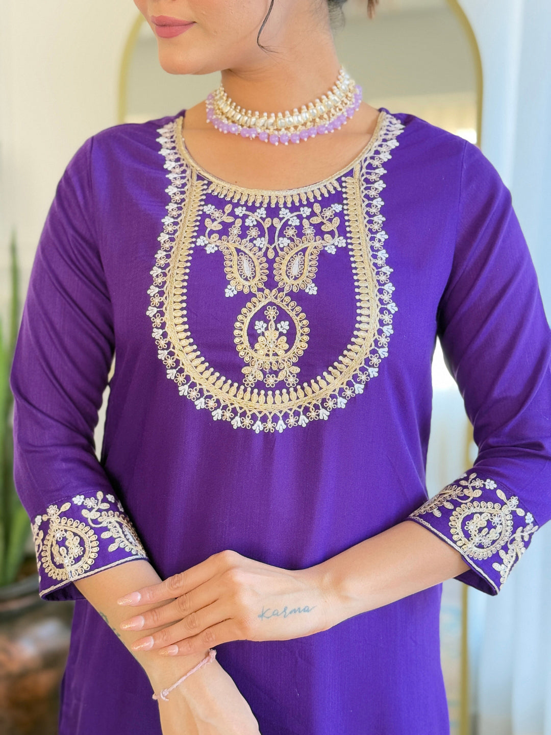 Women’s Purple Rayon Slub Embroidered Straight Kurta Set with Pant & Organza Lace Dupatta