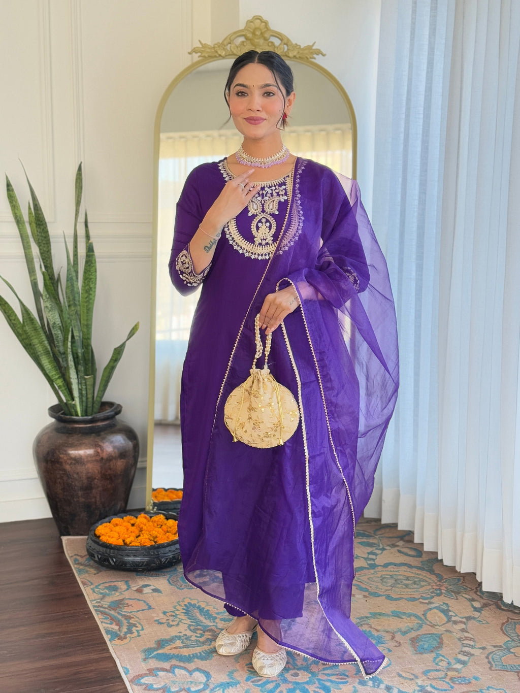 Women’s Purple Rayon Slub Embroidered Straight Kurta Set with Pant & Organza Lace Dupatta