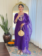 Women’s Purple Rayon Slub Embroidered Straight Kurta Set with Pant & Organza Lace Dupatta