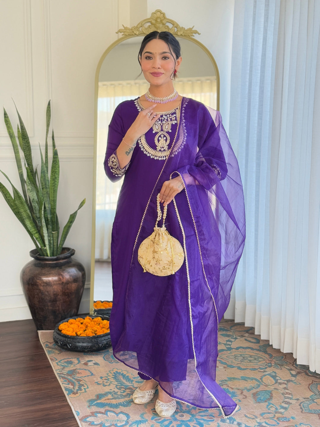 Women’s Purple Rayon Slub Embroidered Straight Kurta Set with Pant & Organza Lace Dupatta