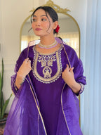 Women’s Purple Rayon Slub Embroidered Straight Kurta Set with Pant & Organza Lace Dupatta