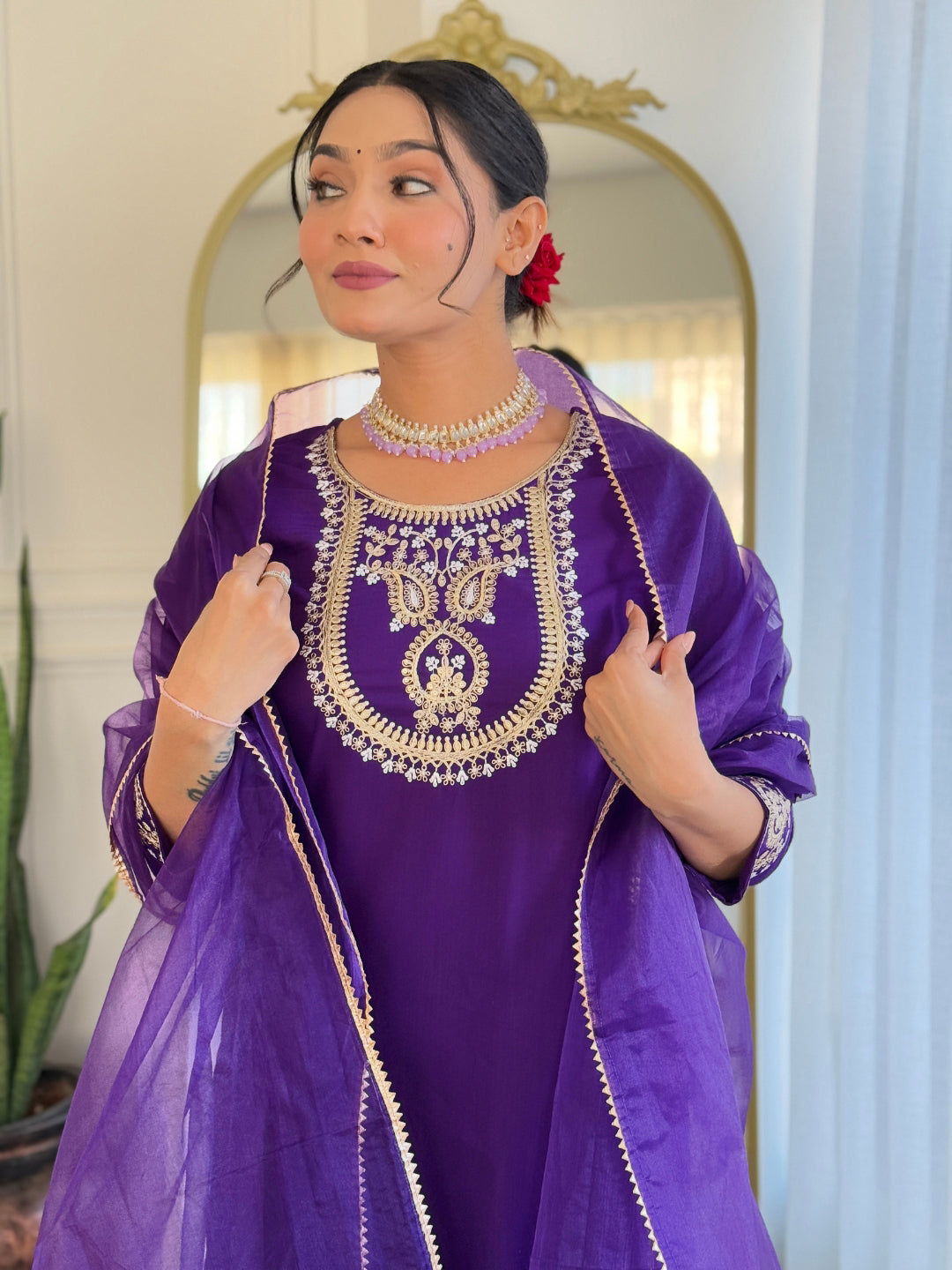 Women’s Purple Rayon Slub Embroidered Straight Kurta Set with Pant & Organza Lace Dupatta