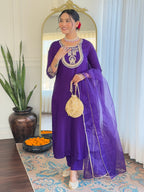 Women’s Purple Rayon Slub Embroidered Straight Kurta Set with Pant & Organza Lace Dupatta