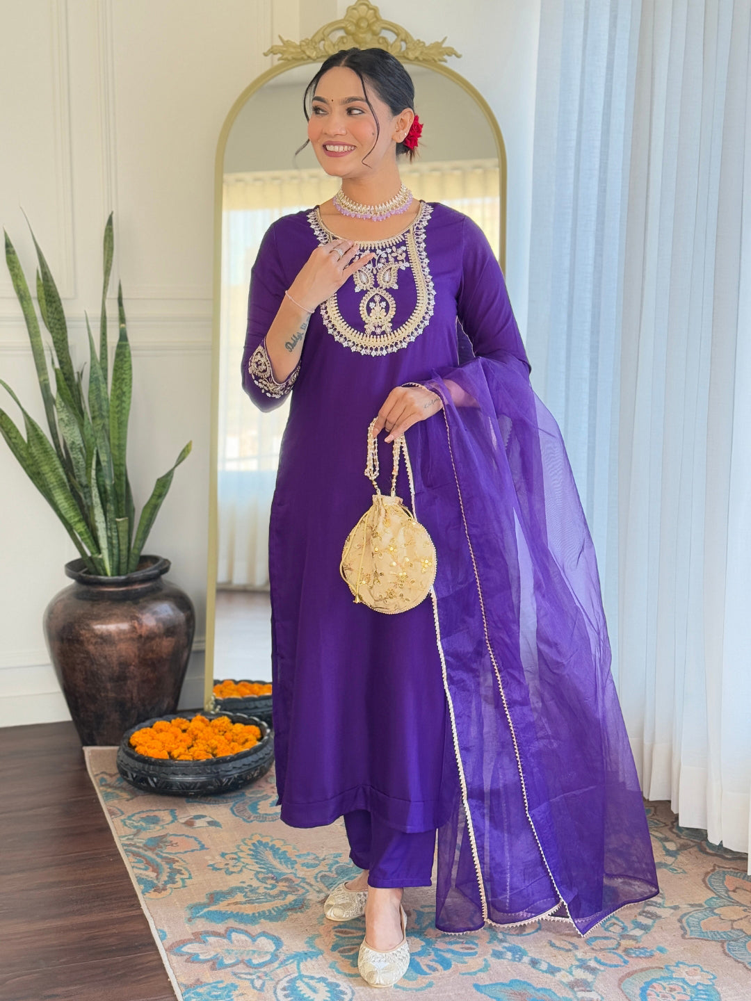 Women’s Purple Rayon Slub Embroidered Straight Kurta Set with Pant & Organza Lace Dupatta