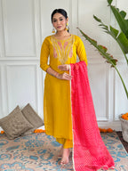 Women’s Yellow Straight Kurta Set in Viscose with Inner, Embroidery, Pant & Georgette Printed Dupatta