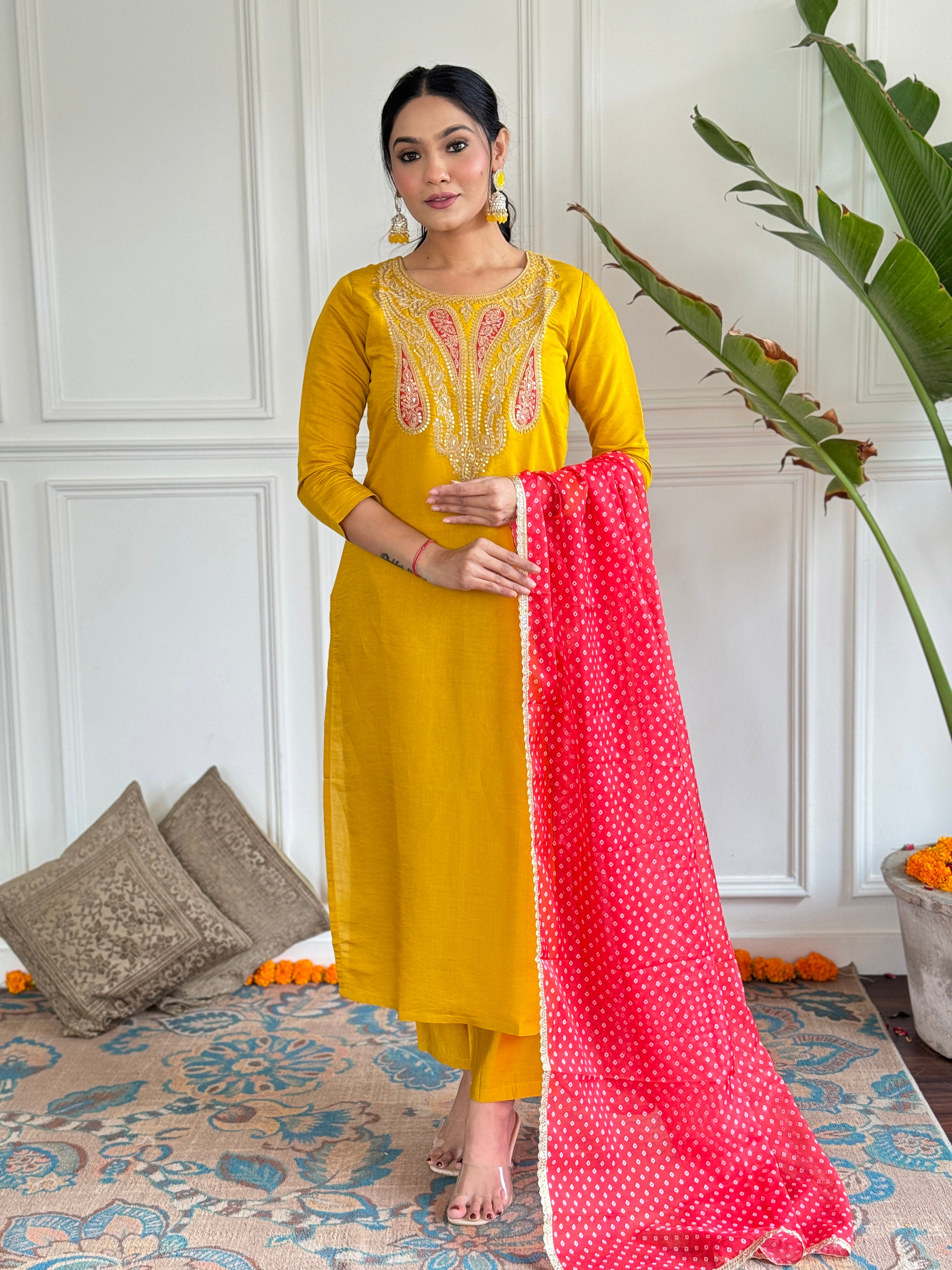 Women’s Yellow Straight Kurta Set in Viscose with Inner, Embroidery, Pant & Georgette Printed Dupatta