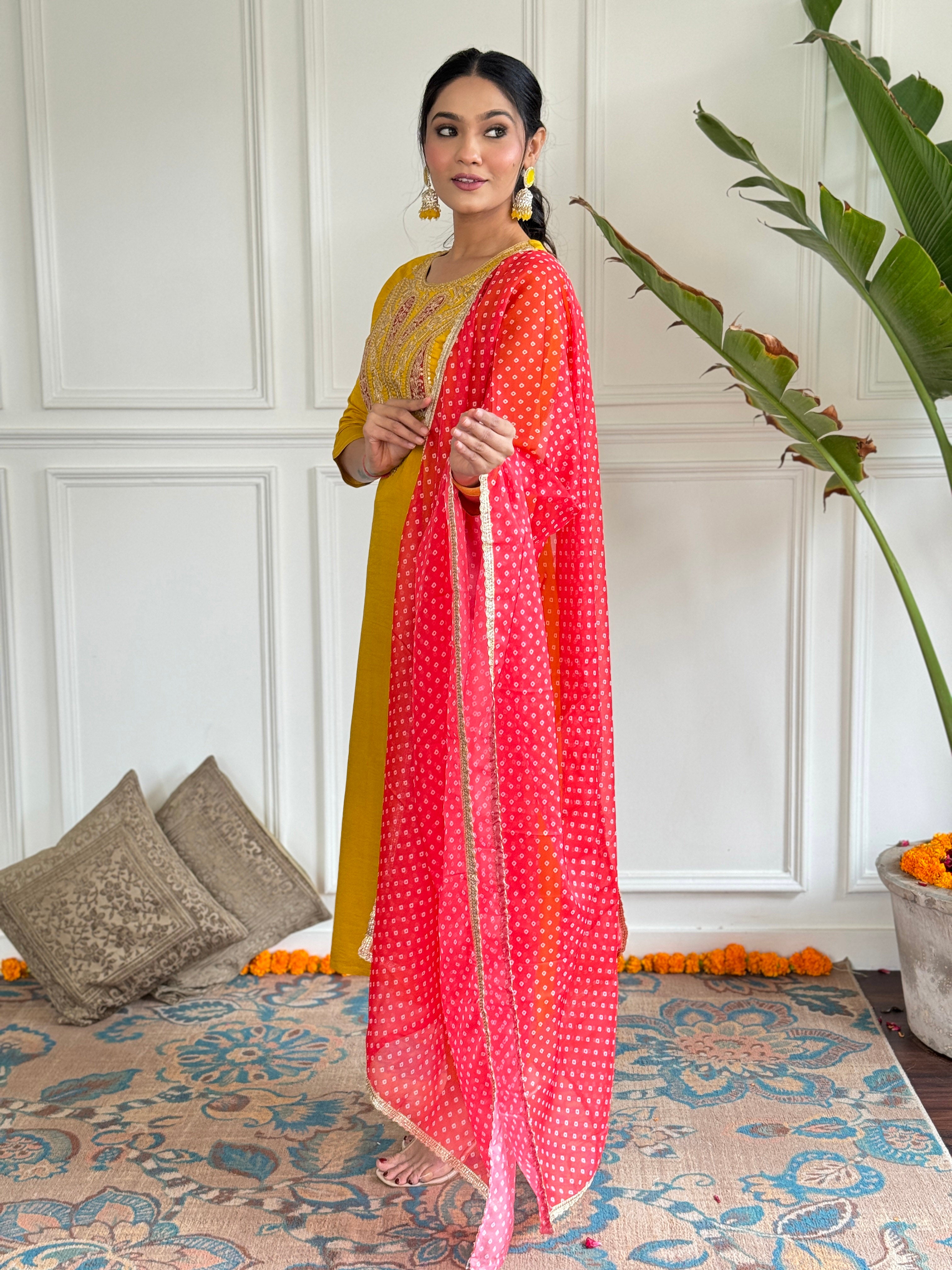 Women’s Yellow Straight Kurta Set in Viscose with Inner, Embroidery, Pant & Georgette Printed Dupatta