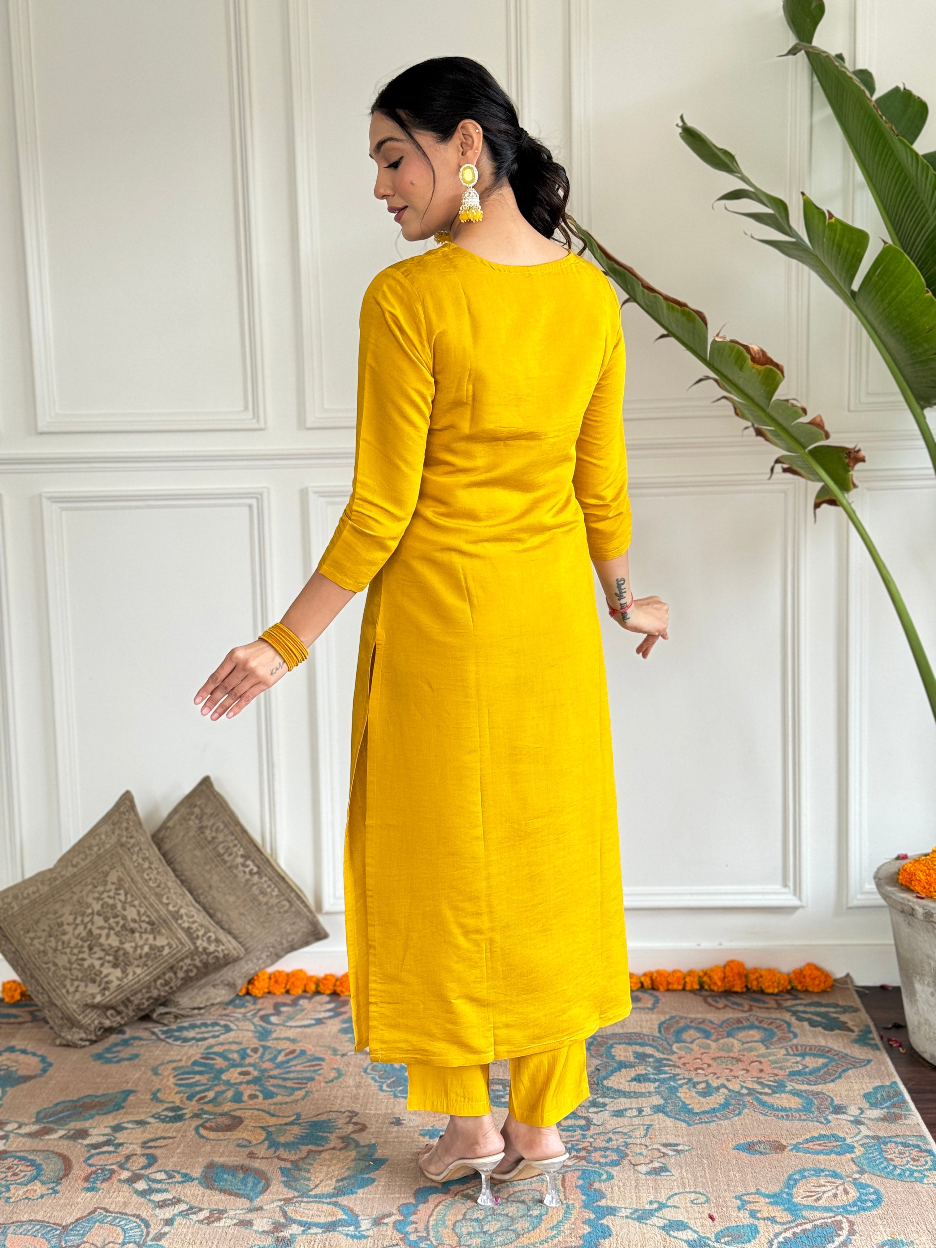 Women’s Yellow Straight Kurta Set in Viscose with Inner, Embroidery, Pant & Georgette Printed Dupatta