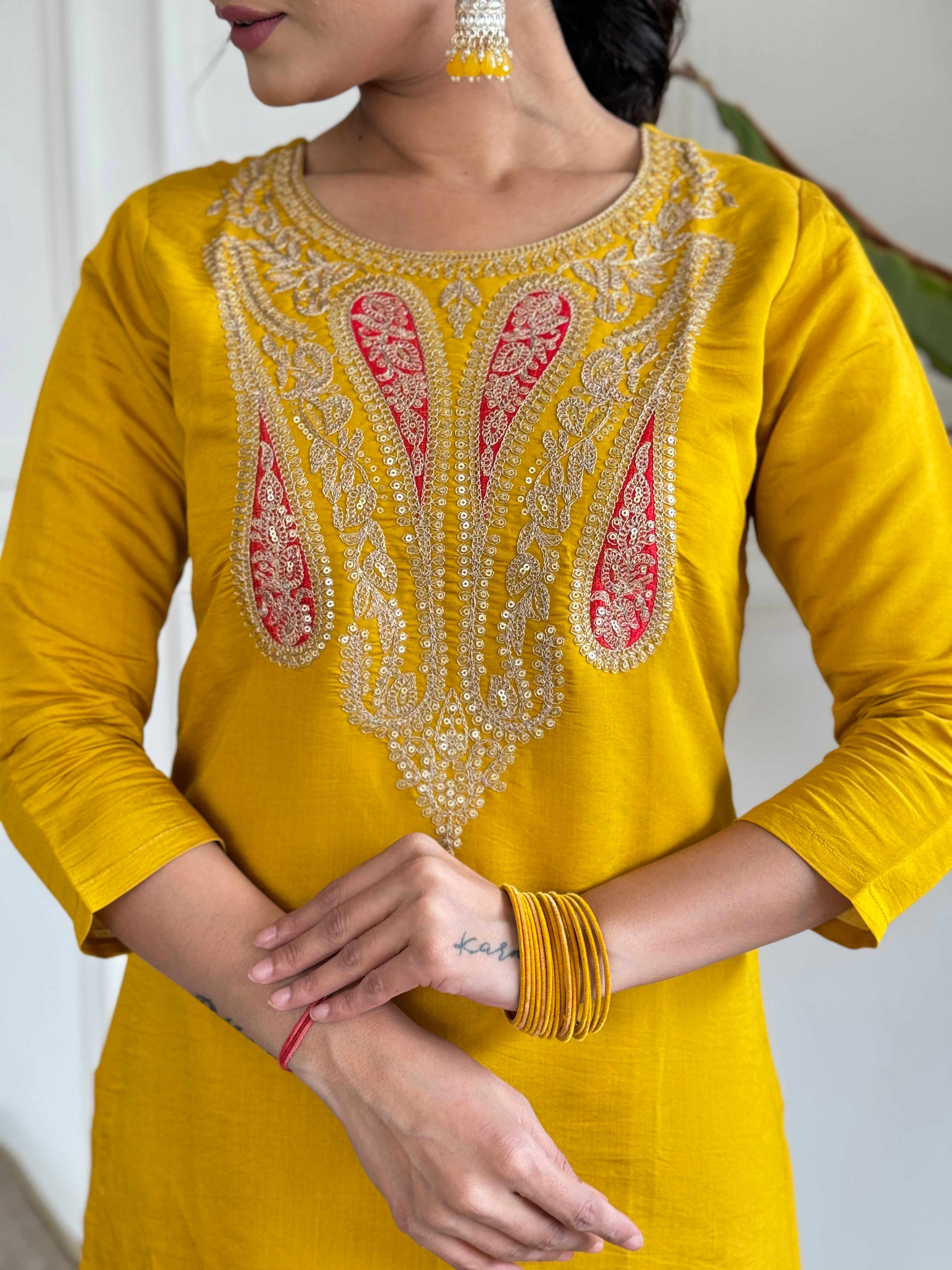 Women’s Yellow Straight Kurta Set in Viscose with Inner, Embroidery, Pant & Georgette Printed Dupatta