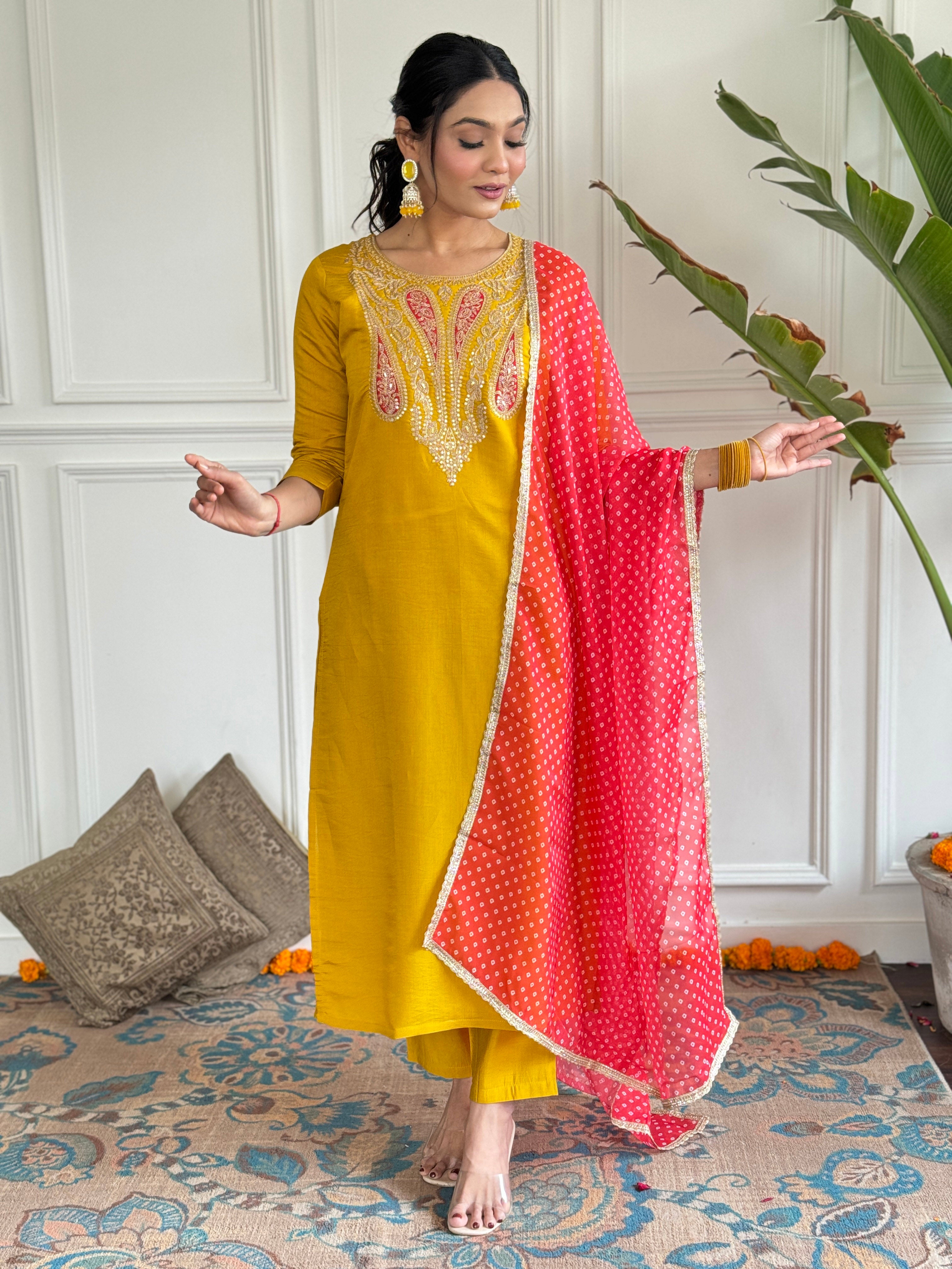 Women’s Yellow Straight Kurta Set in Viscose with Inner, Embroidery, Pant & Georgette Printed Dupatta