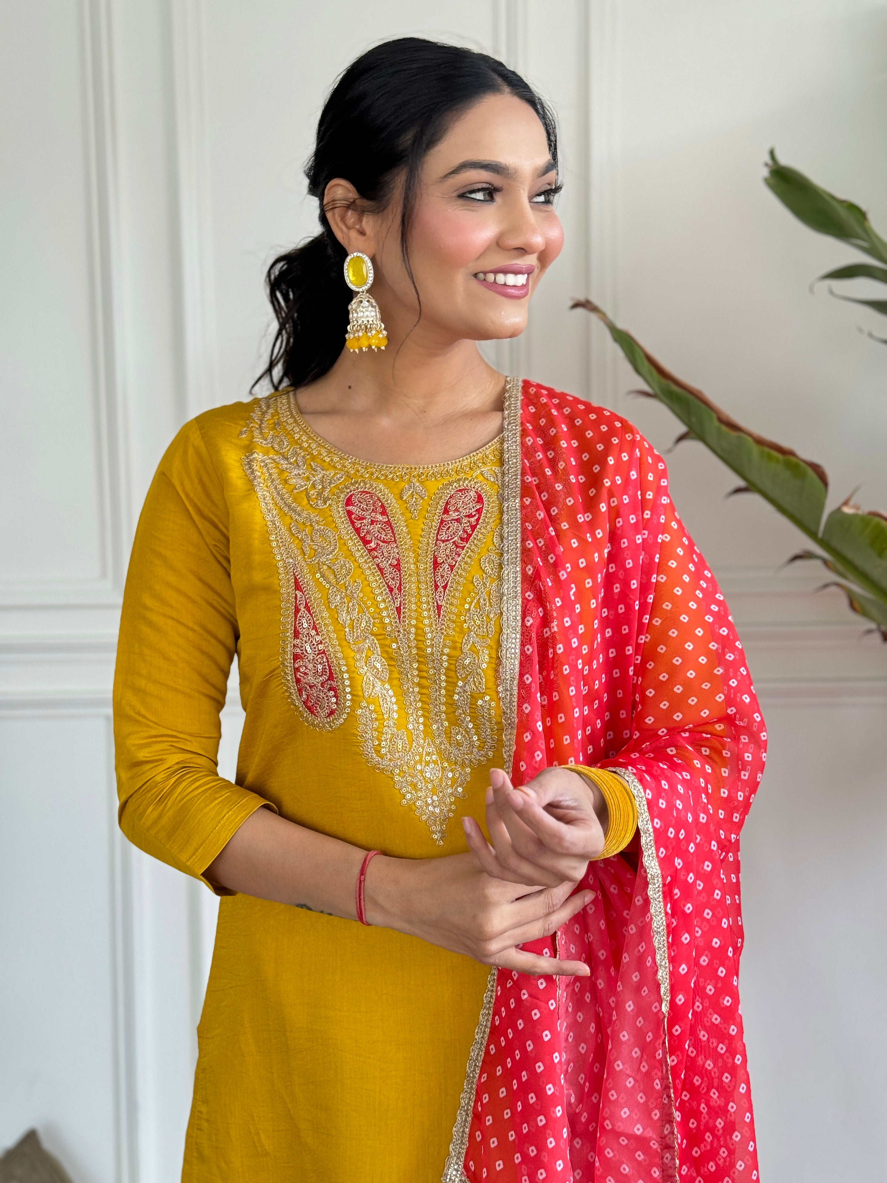 Women’s Yellow Straight Kurta Set in Viscose with Inner, Embroidery, Pant & Georgette Printed Dupatta