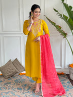 Women’s Yellow Straight Kurta Set in Viscose with Inner, Embroidery, Pant & Georgette Printed Dupatta