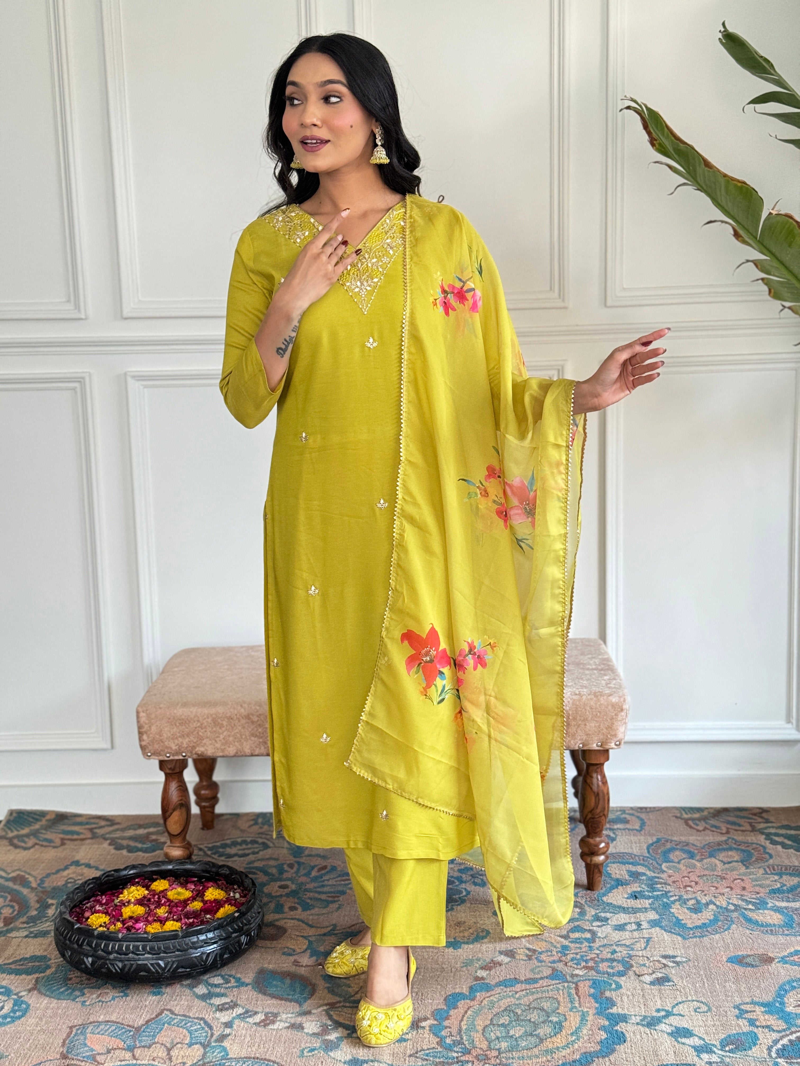 Women’s Yellow Rayon Slub Embroidered Straight Kurta Set with Pant & Pure Organza Printed Dupatta
