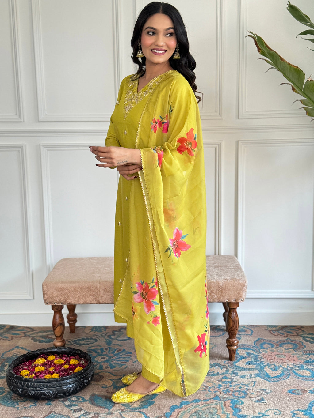 Women’s Yellow Rayon Slub Embroidered Straight Kurta Set with Pant & Pure Organza Printed Dupatta