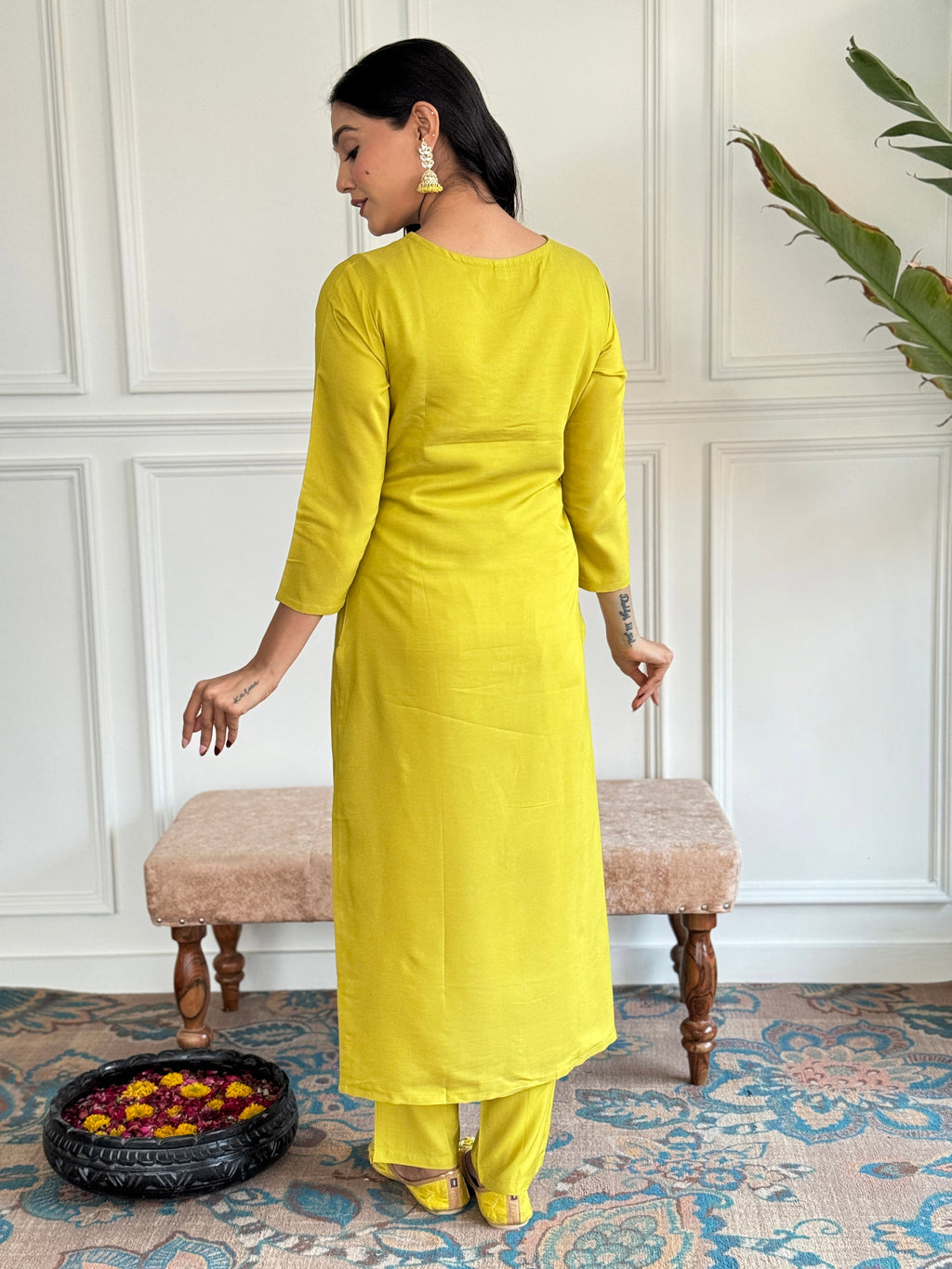 Women’s Yellow Rayon Slub Embroidered Straight Kurta Set with Pant & Pure Organza Printed Dupatta