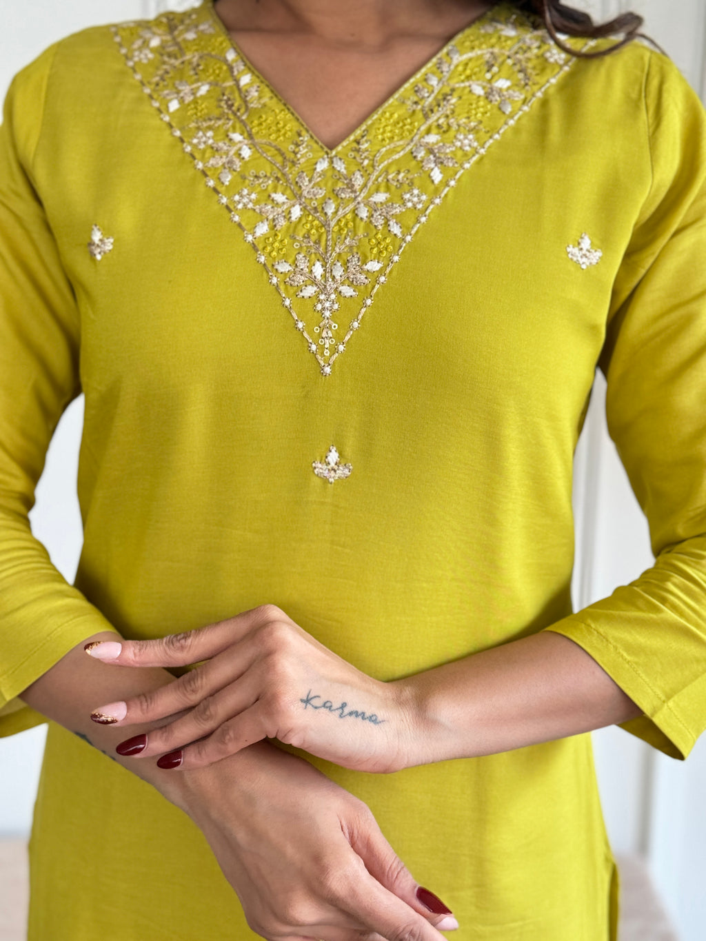 Women’s Yellow Rayon Slub Embroidered Straight Kurta Set with Pant & Pure Organza Printed Dupatta