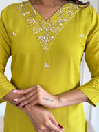 Women’s Yellow Rayon Slub Embroidered Straight Kurta Set with Pant & Pure Organza Printed Dupatta