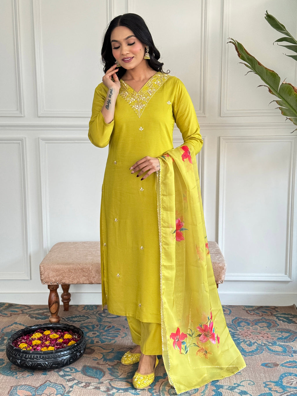 Women’s Yellow Rayon Slub Embroidered Straight Kurta Set with Pant & Pure Organza Printed Dupatta