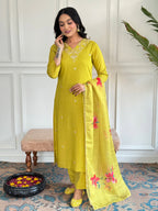 Women’s Yellow Rayon Slub Embroidered Straight Kurta Set with Pant & Pure Organza Printed Dupatta