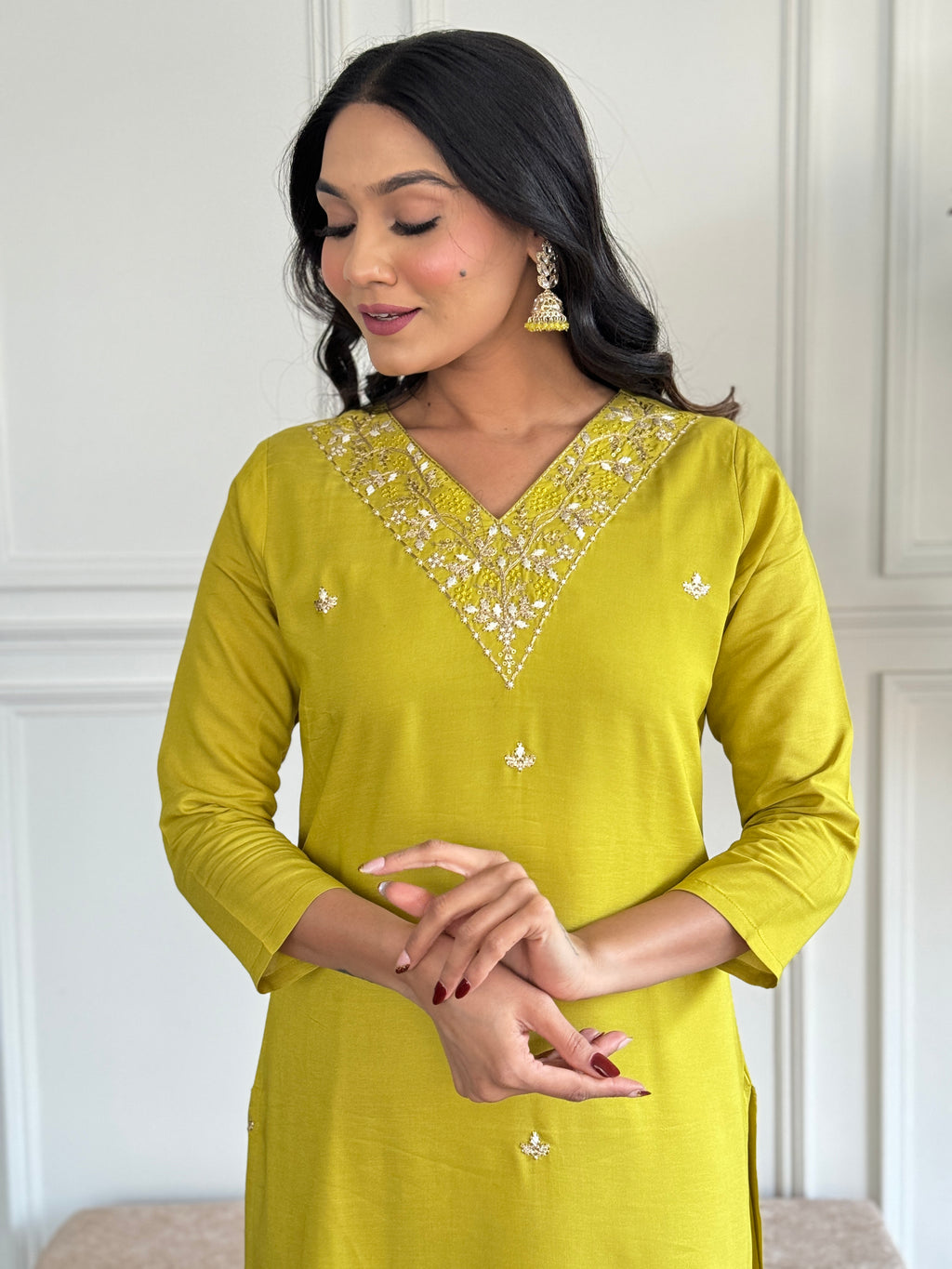 Women’s Yellow Rayon Slub Embroidered Straight Kurta Set with Pant & Pure Organza Printed Dupatta