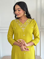 Women’s Yellow Rayon Slub Embroidered Straight Kurta Set with Pant & Pure Organza Printed Dupatta
