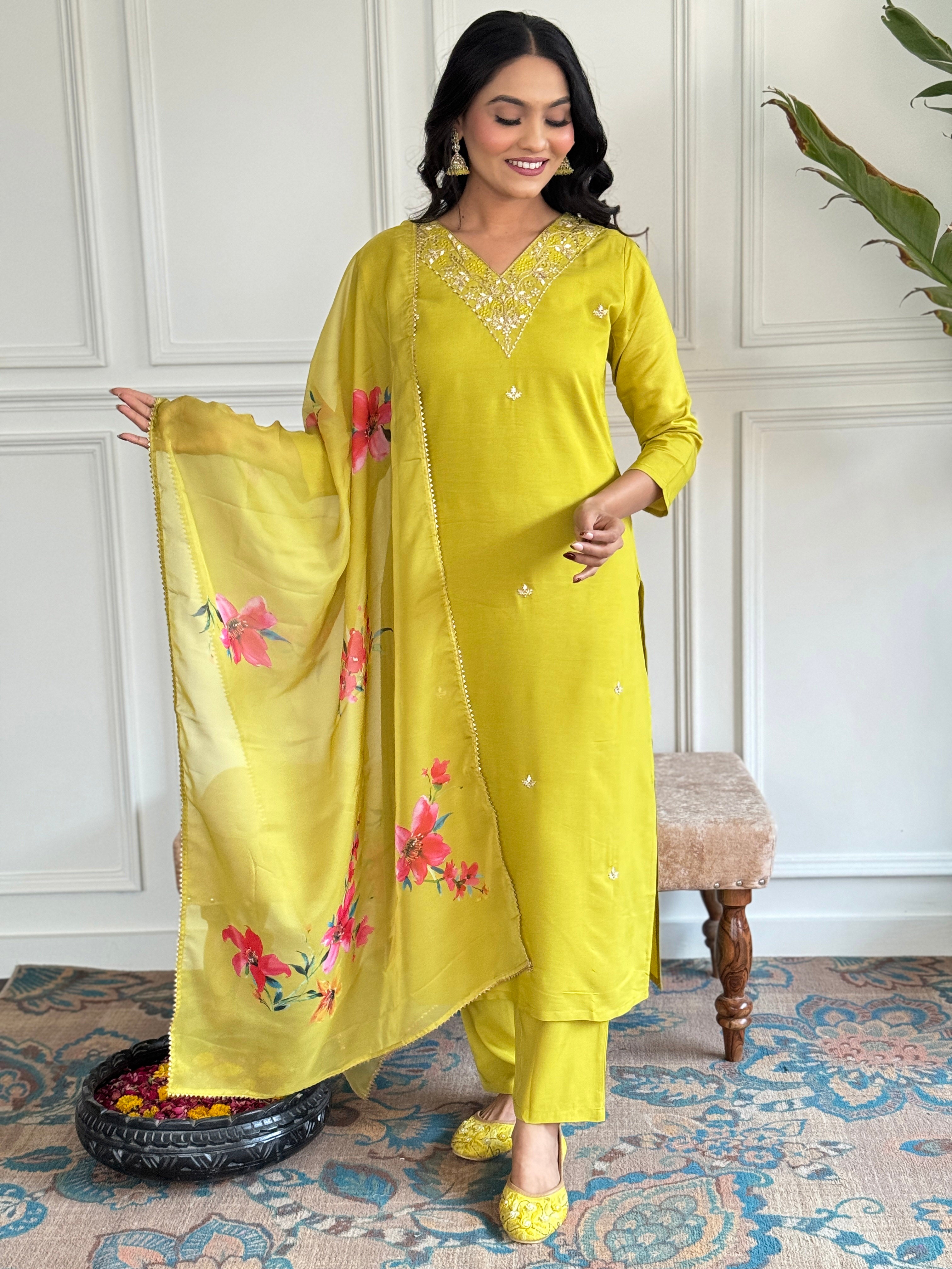 Women’s Yellow Rayon Slub Embroidered Straight Kurta Set with Pant & Pure Organza Printed Dupatta