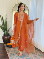 Women’s Embroidered Vichitra Silk Kurta Set in Orange with Pant & Organza Dupatta