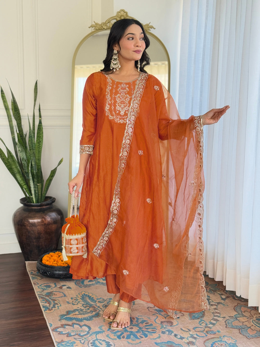 Women’s Embroidered Vichitra Silk Kurta Set in Orange with Pant & Organza Dupatta