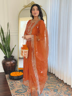 Women’s Embroidered Vichitra Silk Kurta Set in Orange with Pant & Organza Dupatta
