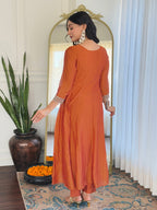 Women’s Embroidered Vichitra Silk Kurta Set in Orange with Pant & Organza Dupatta