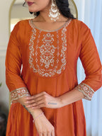 Women’s Embroidered Vichitra Silk Kurta Set in Orange with Pant & Organza Dupatta