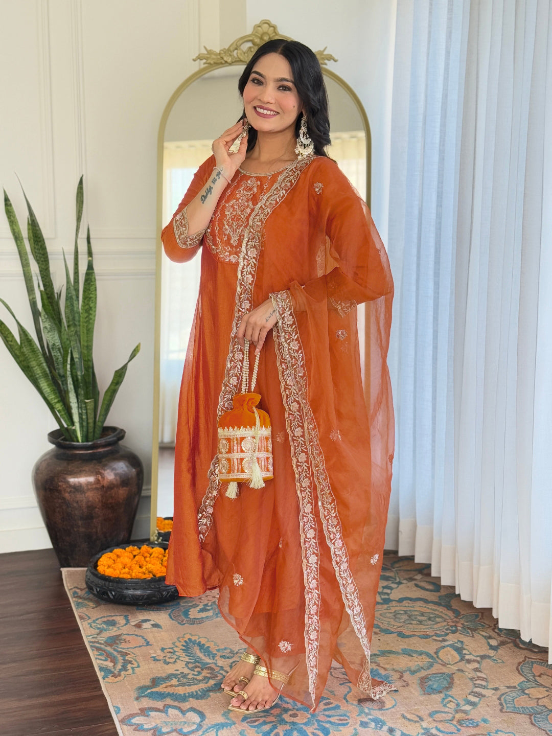 Women’s Embroidered Vichitra Silk Kurta Set in Orange with Pant & Organza Dupatta