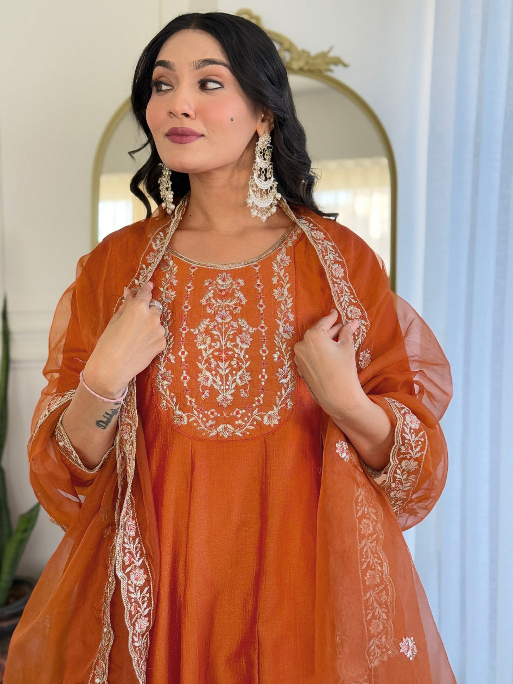 Women’s Embroidered Vichitra Silk Kurta Set in Orange with Pant & Organza Dupatta